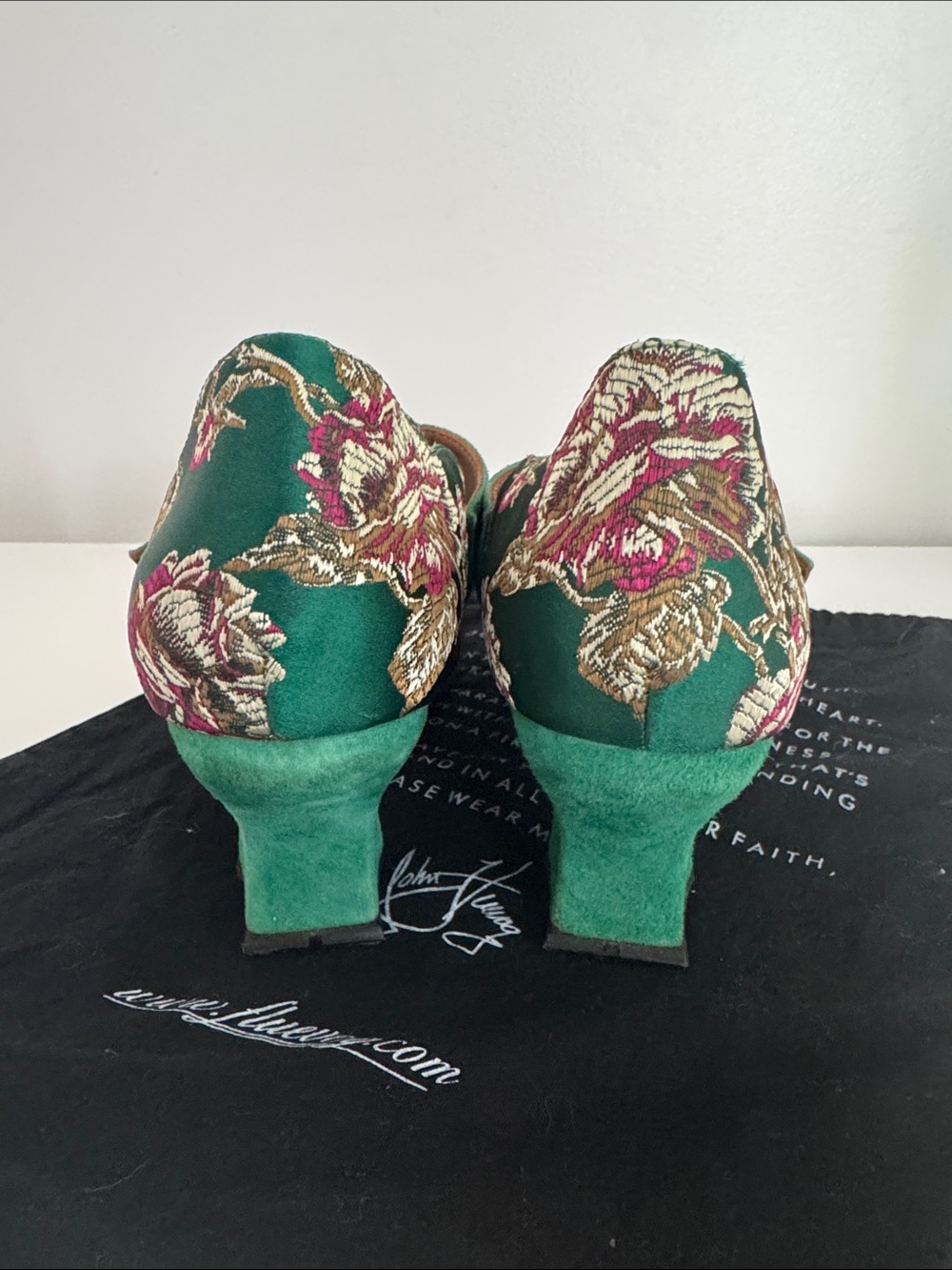 John Fluevog Bishop Green Floral Jaquard Suede Strap Heels - Picture 6 of 8